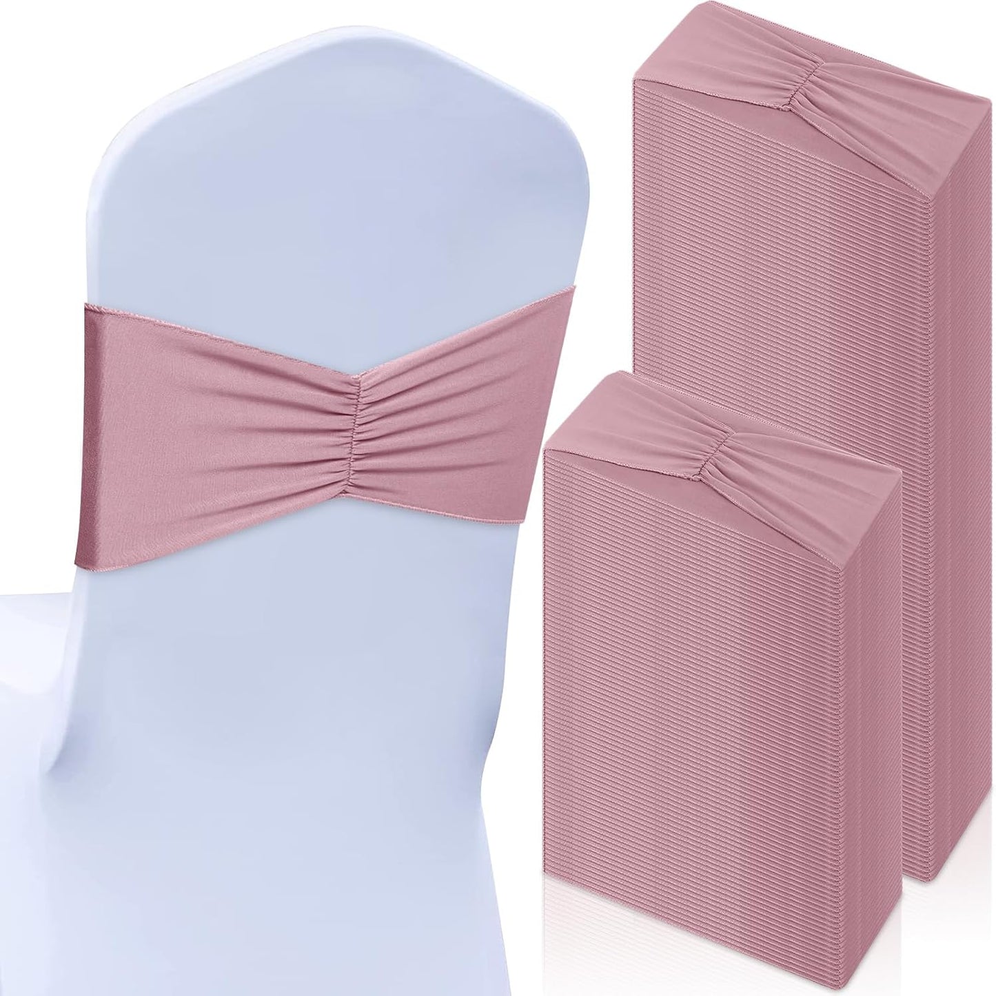 Moukeren 100 Pcs Spandex Chair Sashes Bows Bands Slider Sashes for Chair Covers Elastic Bands Ties Ribbon Decorations for Wedding Party Events Ceremony Birthday Banquet(Dusty Pink)