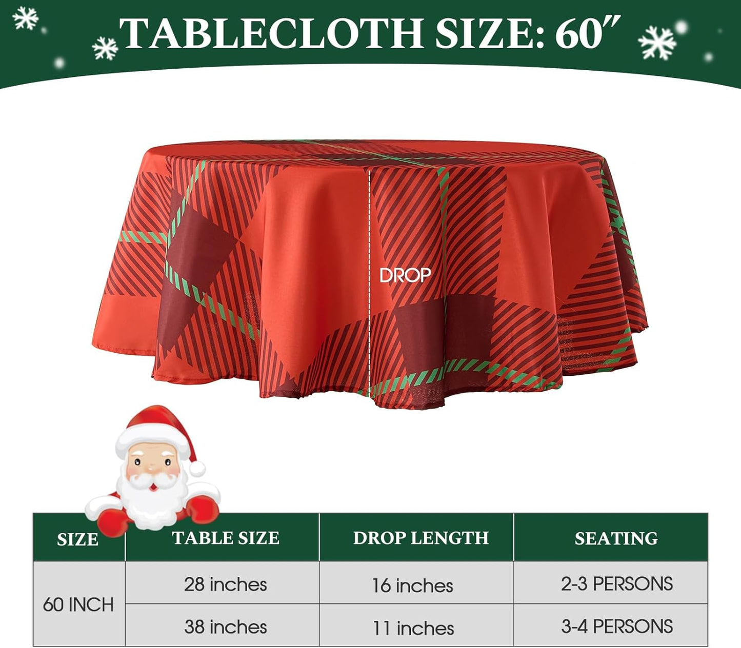 Christmas Tablecloth Round 60 Inch Waterproof, Machine Washable Checkered Polyester Table Cover for Xmas Party, Winter Holiday Home Decoration in Festive Checkered Red 1pack
