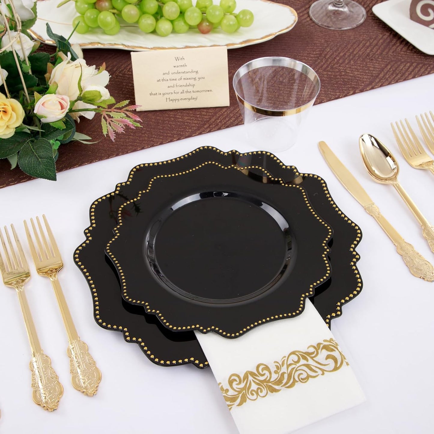 COLOSUS 175PCS Black Dinnerware set with Disposable Silverware for 25guests, Include 50 Dinner Plates 10.25”, 50 Dessert Plates 8.5”, 50 Cups 9 OZ, 50 Napkins,50 Plastic Silverware for Halloween Party