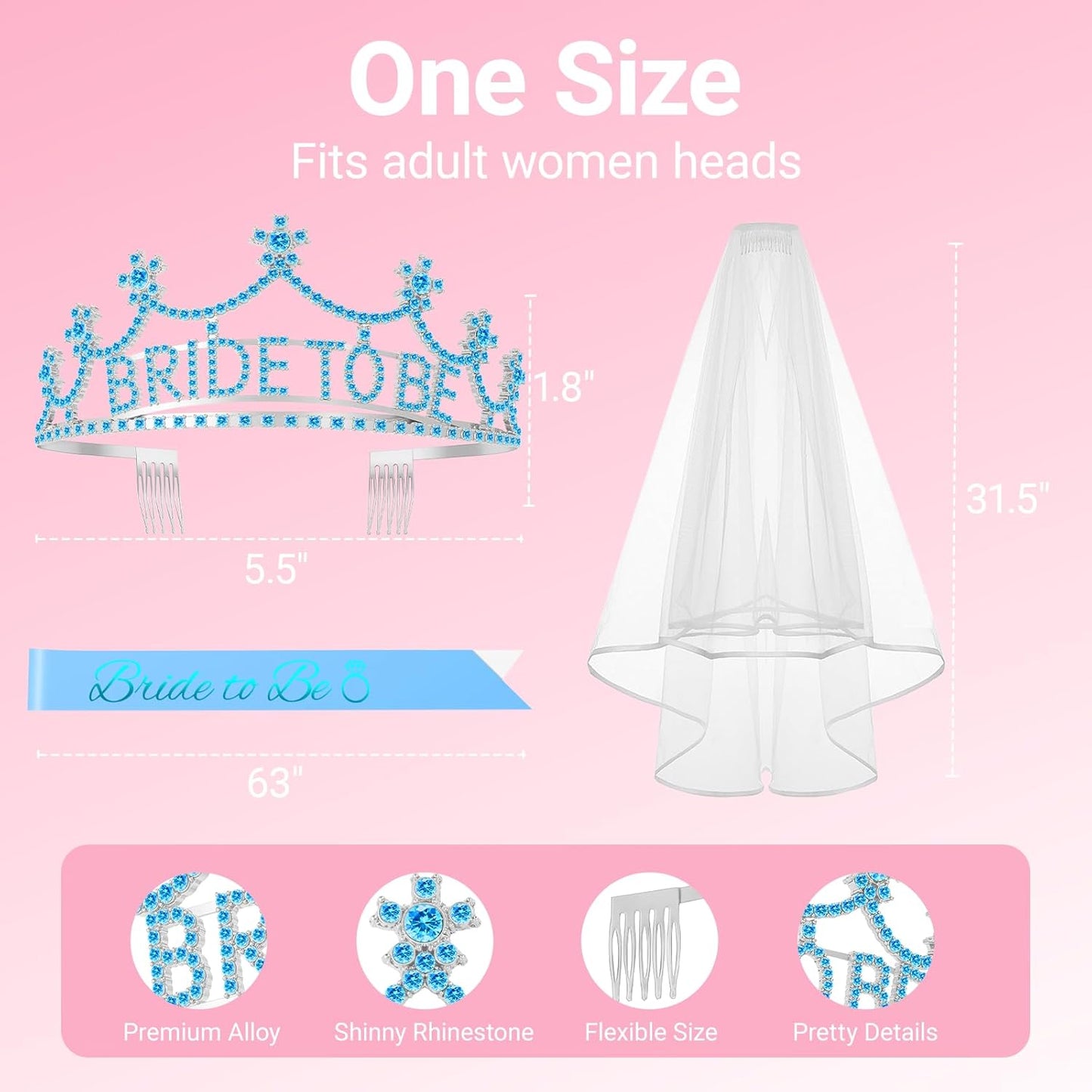 3Pcs Bride to Be Crown with Sash and Veil for Bachelorette Party Decorations，Bridal Shower Accessories for Gift, Favors