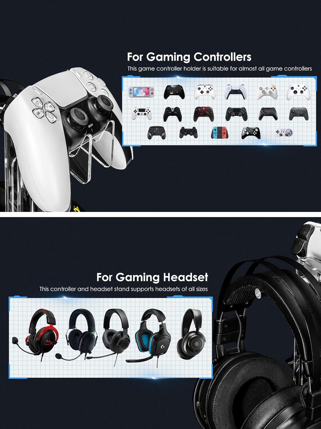 OAPRIRE Headset and Controller Stand, Space-Saving 2 Tier Game Controller Holder, Acrylic Controller and Headset Stand for Desktop, Universal Design Compatible with PS5/PS4/Xbox/Switch (Deep Black)