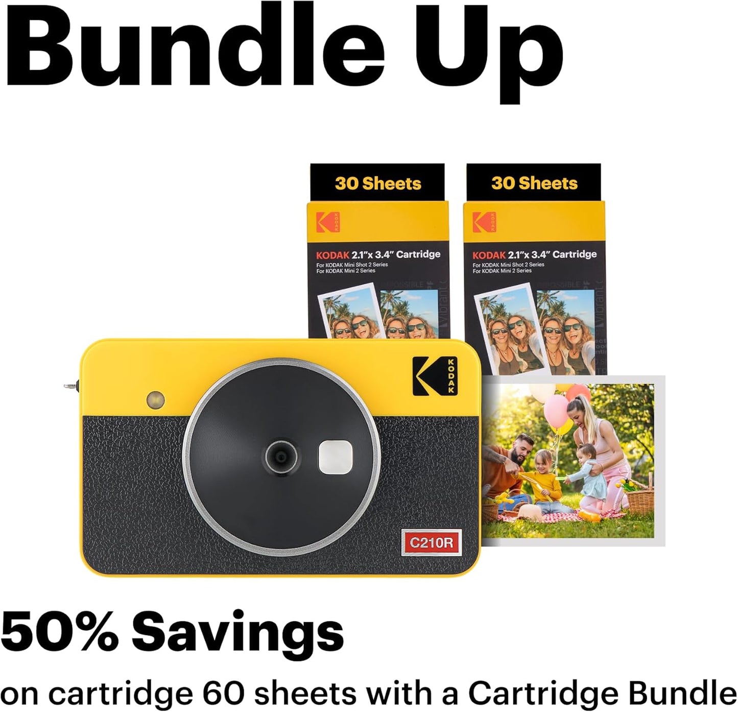 KODAK Mini Shot 2 Retro 4PASS 2-in-1 Instant Digital Camera and Photo Printer (2.1x3.4 inches) Initial 8 Sheets + 60 Sheets Bundle, White