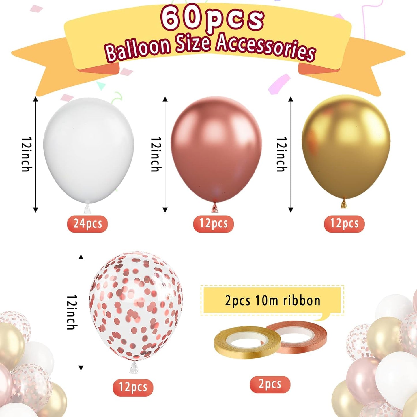 Paready Rose Gold and White Latex Balloons, 60 Pcs 12 Inch Metallic Gold Confetti Balloons with Ribbons for Birthday Party Baby Shower Anniversary Wedding Bridal Shower Graduation Decoration
