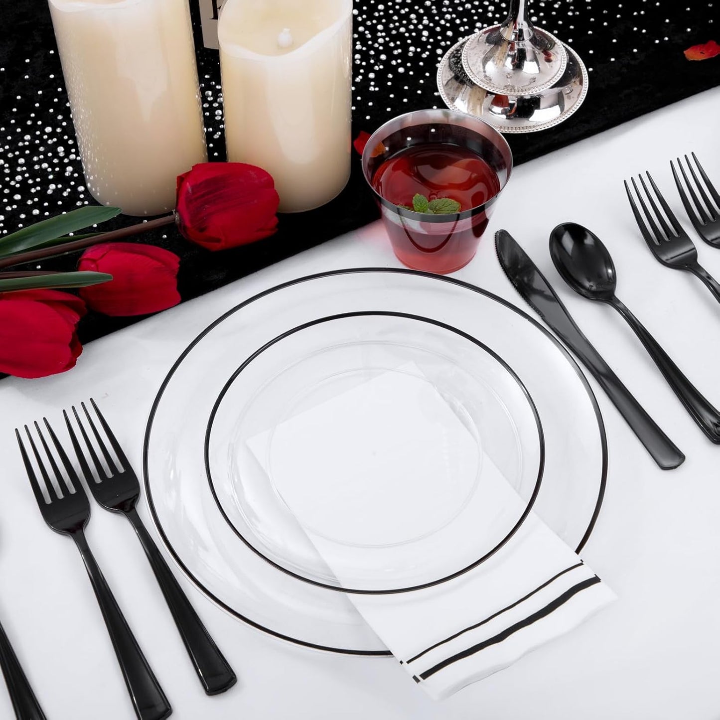NOCCUR 350PCS Clear and Black Plastic Plates - Disposable Dinnerware Set for 50 Guests Include 100 Dinner/Dessert Plates,150 Black Cutlery,50 Cups&50 Napkins Ideal for Party, Birthday, Halloween