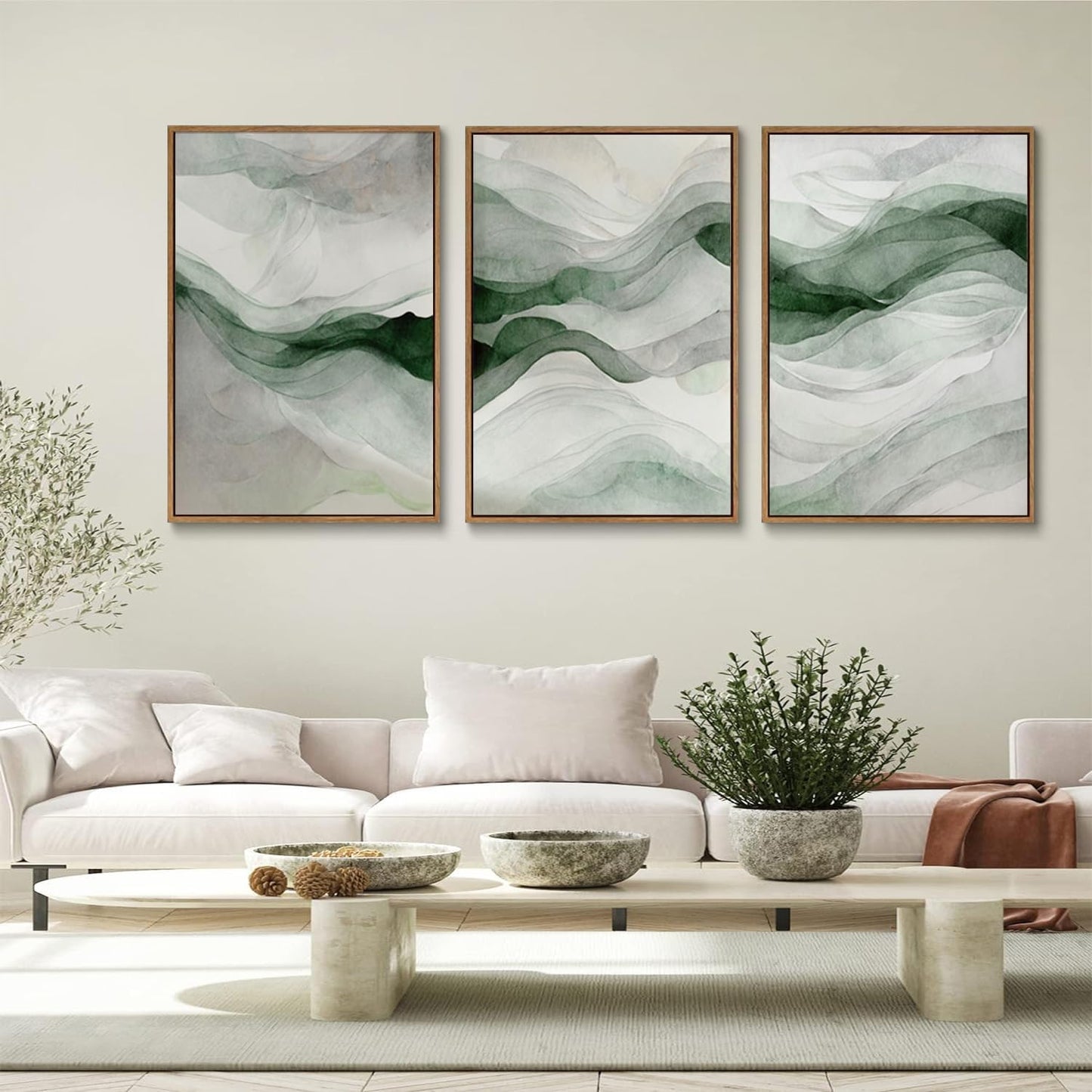 myusuar 3 Piece Large Abstract Framed Wall Art For Living Room, Smoke Texture Ink Teal Soft Green Canvas Wall Art Modern Minimalist Art Prints Wall Décor For Bedroom Office 24x36in