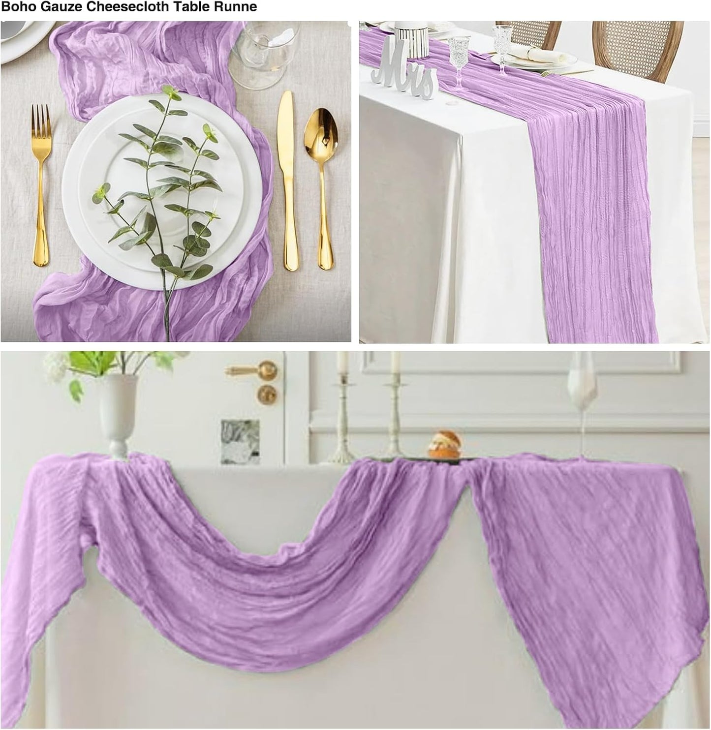 12 Pack Lavender 10 Ft Cheesecloth Table Runner 20x120 Inch Boho Wrinkled Sheer Romantic Gauze Decor for Wedding, Bridal Shower, Birthday Party