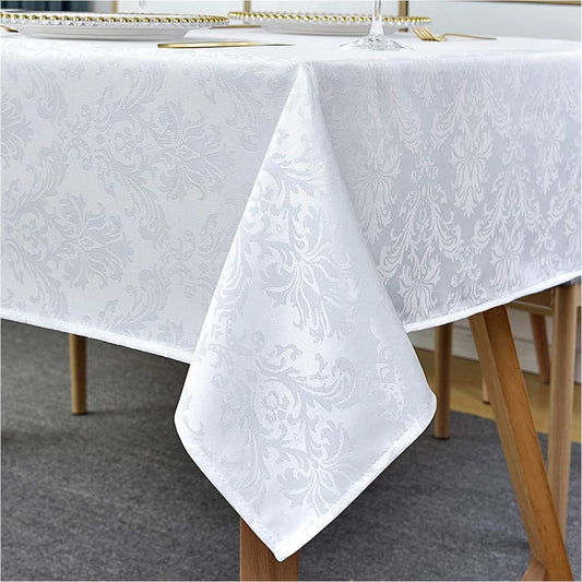 Rectangle Table Cloth - 52 x 70 Inch White Jacquard Tablecloths Damask Design Spillproof Wrinkle Resistant Shrinkproof Soft Tablecloth Polyester Oblong Table Cover for Kitchen Dinning Party Tabletop