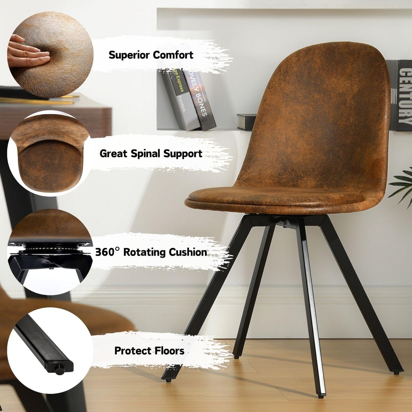 Homy Casa Swivel Dining Chairs Set of 4, 360° Rotating Side Chairs, Mid Century Modern Style Chairs Accent Chairs with Metal Frame for Kitchen, Dining Living Dressing Room, Bedroom, Brown