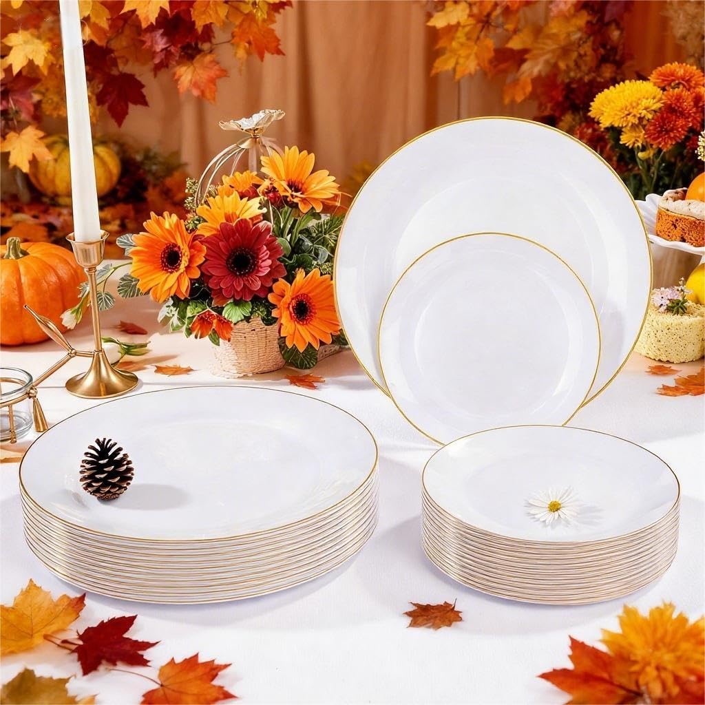 Festiva 350Pcs Gold Plastic Plates - White and Gold Dinnerware Set Disposable include 10" & 7" Plates,Cups,Silverware,Napkins -serve 50 Guests Perfect for Wedding& Birthday &Summer Party