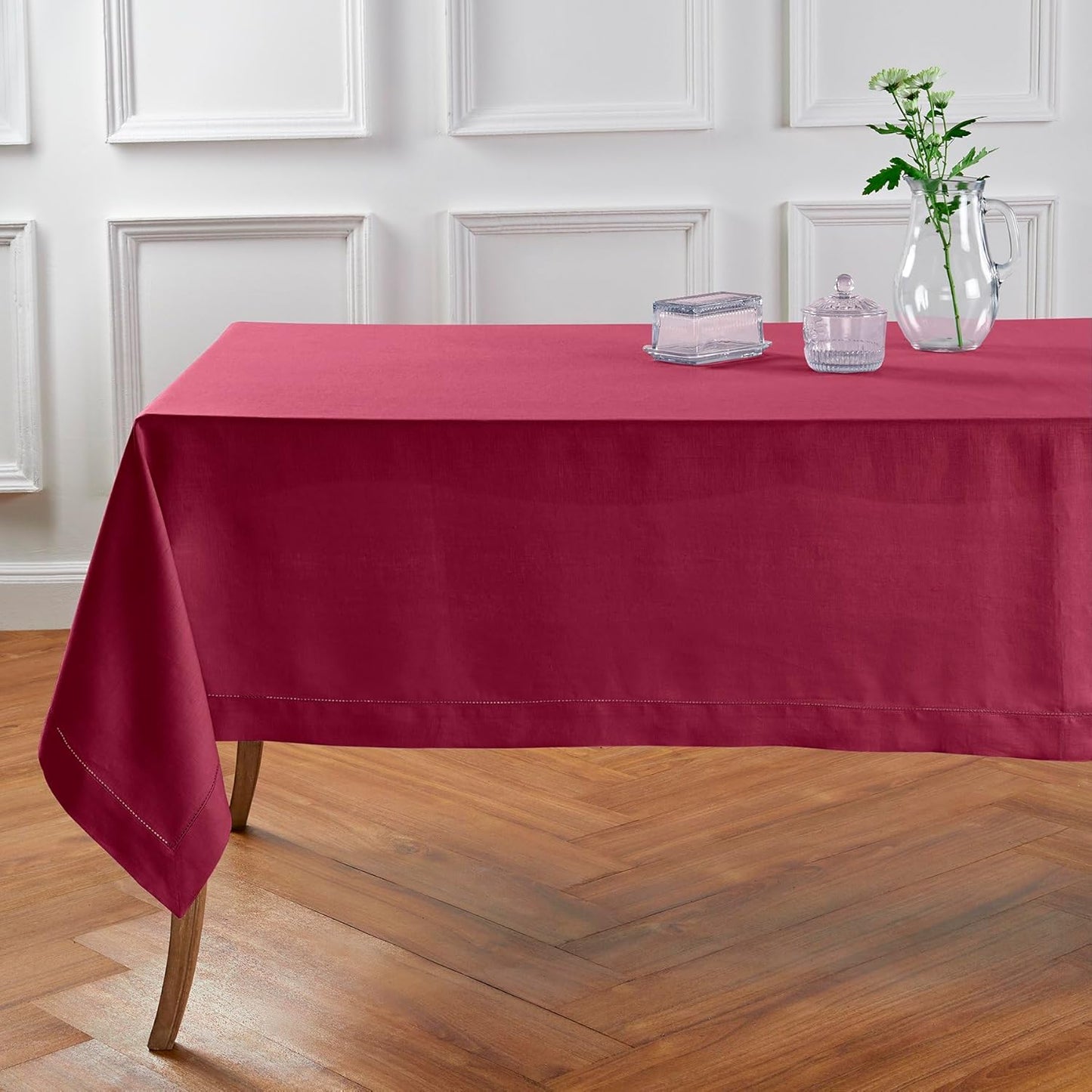 Solino Home Beet Linen Tablecloth 60 x 90 Inch - 100% Pure Linen Hemstitch Table Cloth for Rectangle Tables - Classic Hemstitch, Machine Washable Tablecloth for Fall, Thanksgiving, Christmas, Holiday