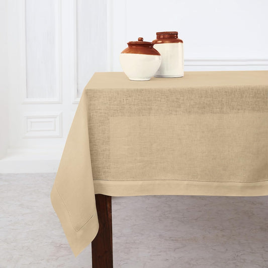 Solino Home Linen Beige Tablecloth 60 x 90 Inch - Classic Hemstitch, 100% Pure Linen Rectangular Tablecloth - Machine Washable Table Cloth for Fall, Autumn, Thanksgiving, Christmas