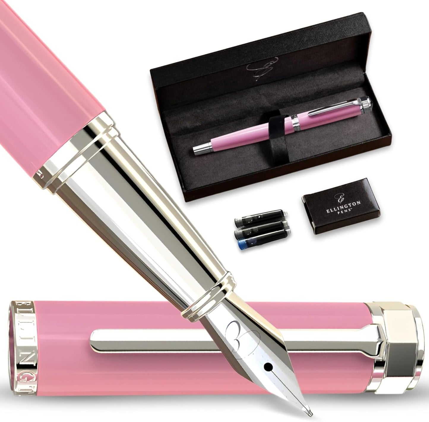 Ellington Pens Luxury Fountain Pen Set- Fountain Pens for Writing - Smooth Fine Nib - Includes Refillable Ink Converter, 3 Ink Cartridges [Black & Blue], Gift Box - Elegant Calligraphy