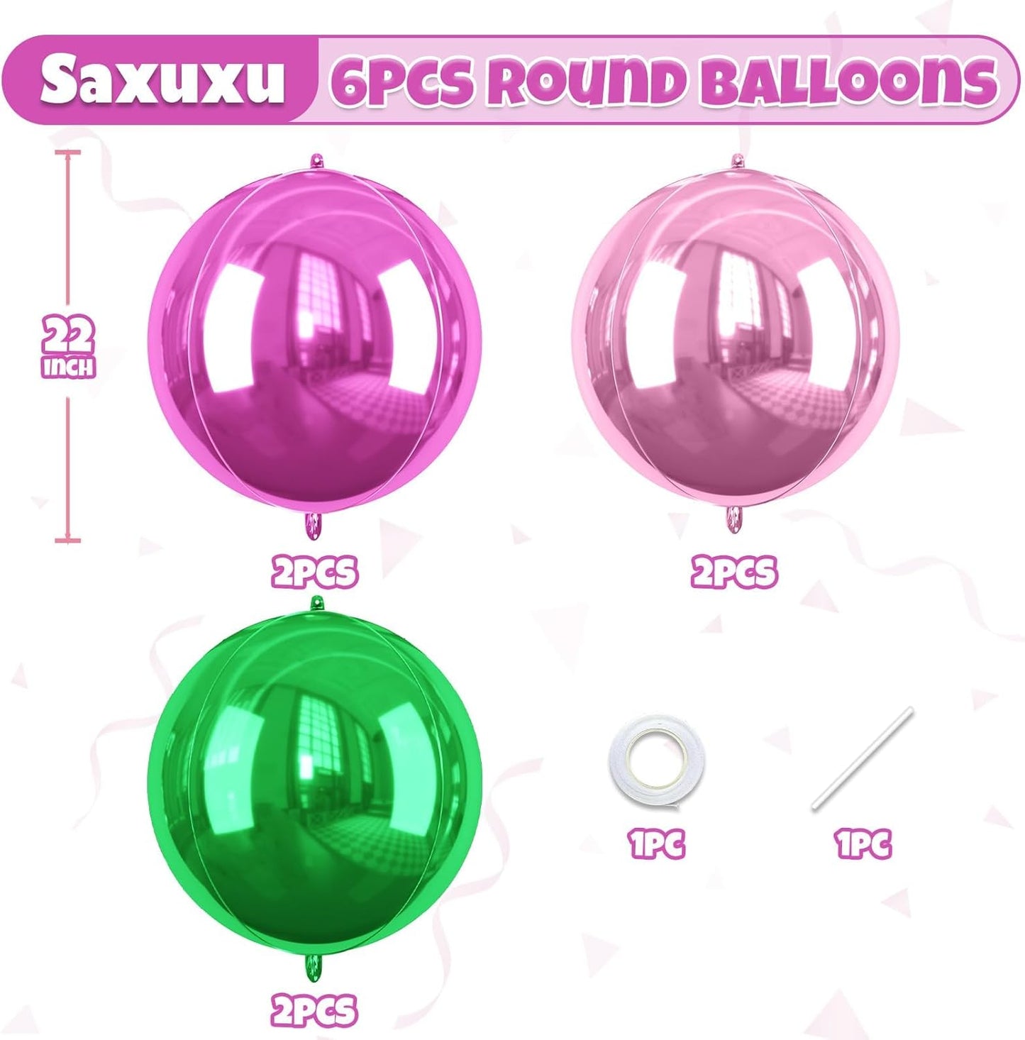 Green Pink Giant 4D Foil Balloons, 6 Pcs Large Metallic Green Pink Black Round Balloons, 22 Inch Big Round Foil Balloon for Summer Birthday Party Baby Shower Graduation Wedding Decorations