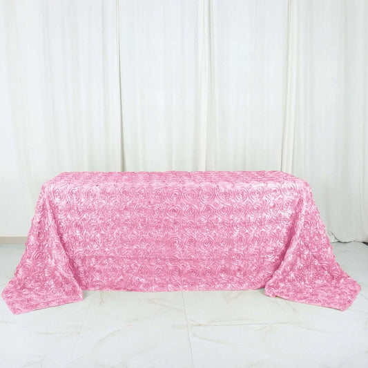 Efavormart 90"x132" Wholesale Rectangle Table Cover Pink Grandiose Rosette 3D Satin Tablecloth for Wedding Party Event Decoration