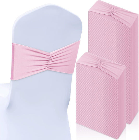 Moukeren 100 Pcs Spandex Chair Sashes Bows Chair Bands Slider Sashes for Chair Covers Elastic Chair Bands Ties Ribbon Chair Decorations for Wedding Party Events Ceremony Birthday Banquet(Light Pink)