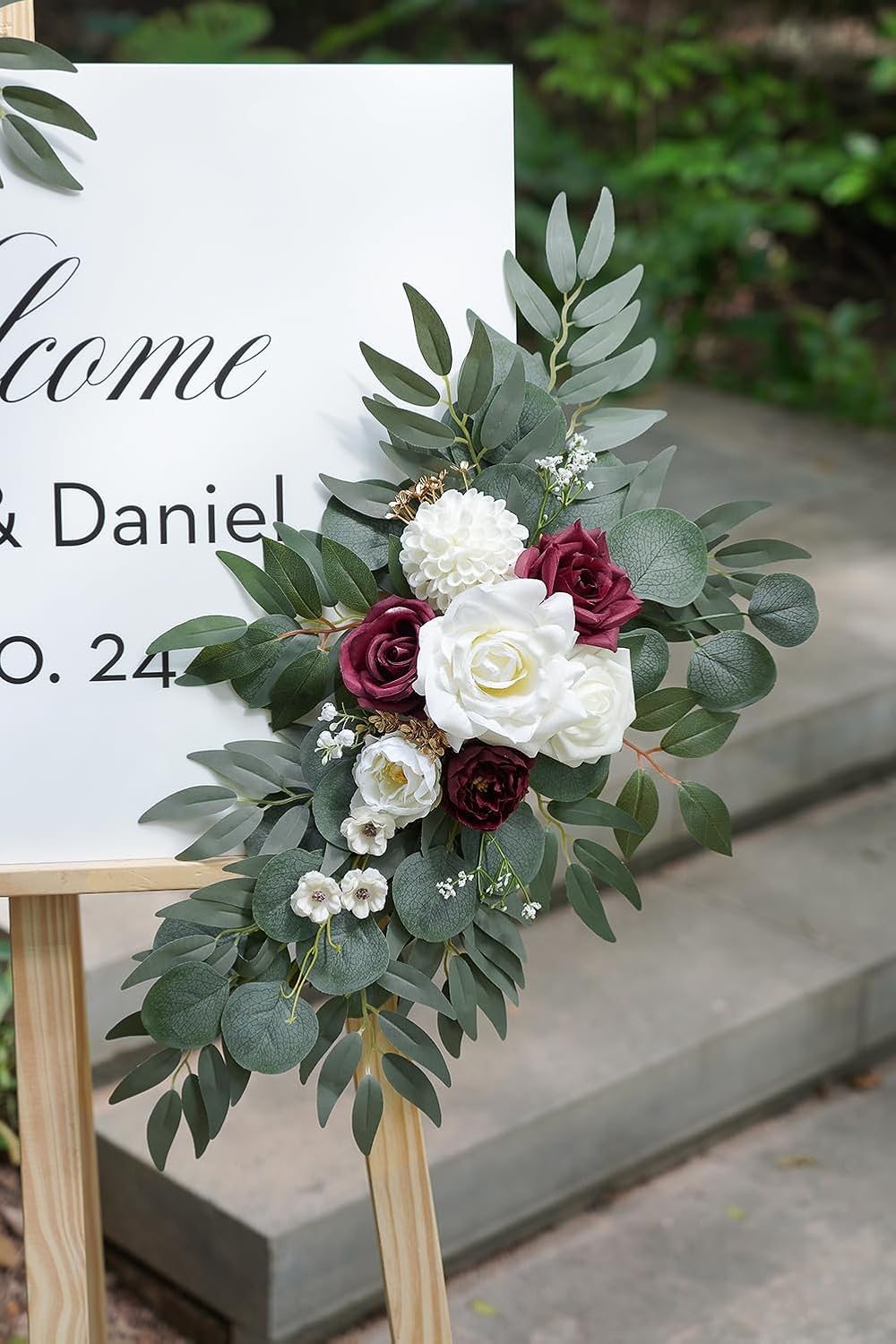 Artificial Burgundy Flower Swag Set of 2 for Wedding Welcome Signs Floral Decorations, Wedding Arch Flowers for Wedding Ceremony, Ivory Wedding Flower