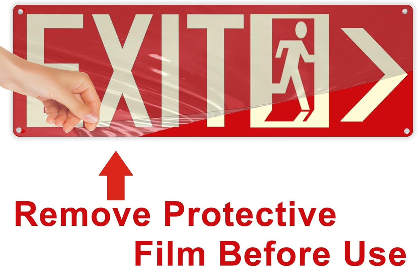 Photoluminescent Exit Signs, 14x5 inches, Red with Glow in Dark Feature, Self-Adhesive Aluminum, Left and Right Arrow Set