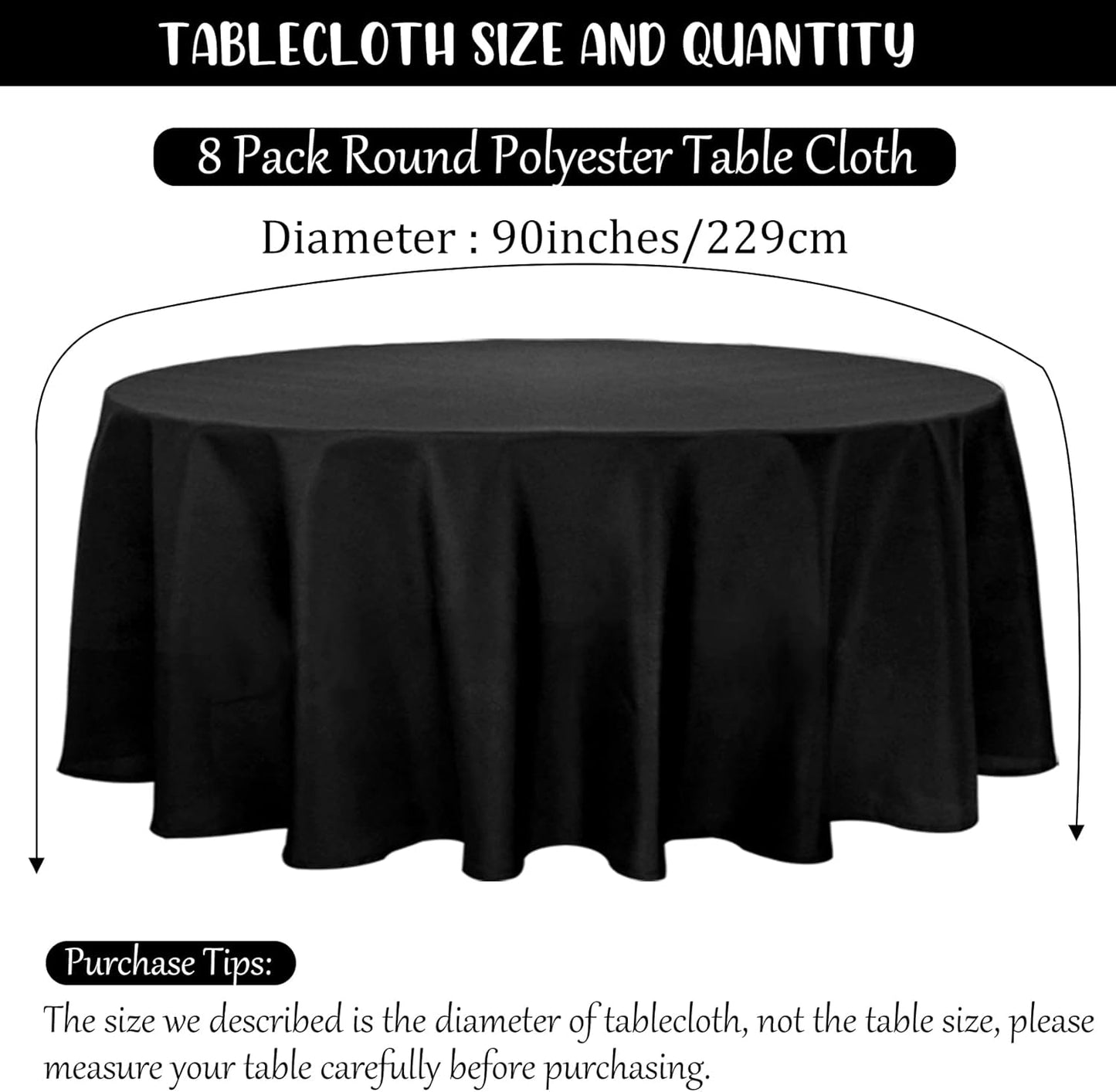 Fivenl 8 Pack Round Tablecloth 90 Inch Round Table Covers Bulk Washable Polyester Fabric Round Table Clothes for Wedding Party Reception Banquet Buffet Restaurant (Black, 90 Inch)
