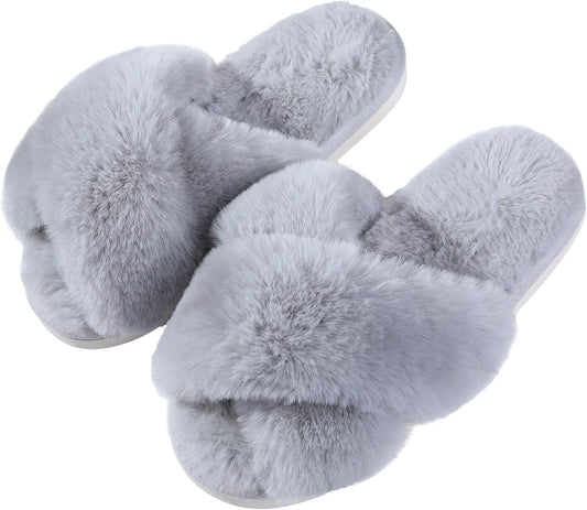 Evshine Women's Fuzzy Slippers Cross Band Memory Foam House Slippers Open Toe