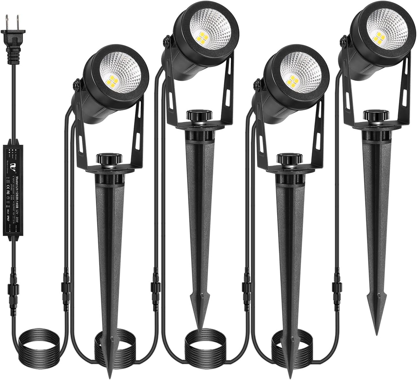Outdoor Landscape Lighting, 4 Pack LED Outdoor Spot Lights with Transformers, 12V Warm White Low Voltage Landscape Lights IP65 Waterproof Plug in Spotlight for Yard House Pathway Tree Pools