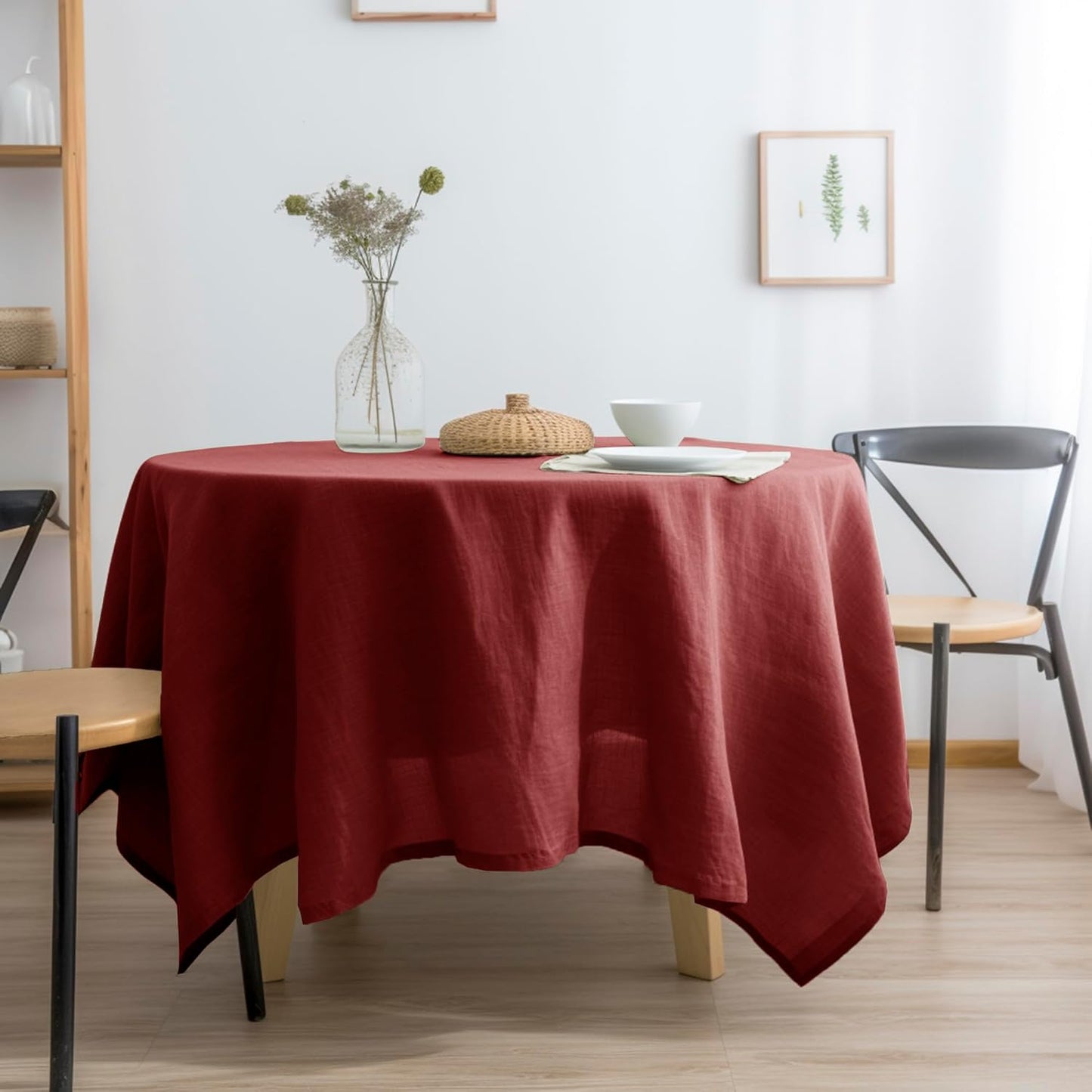 EVERLY 100% Pure Linen Round Tablecloths 90Inch Round Machine Washable Tablecloth for Thanksgiving,Decorative Halloween,Buffet Parties,Picnic,Events,Weddings and Restaurants-Christmas Red