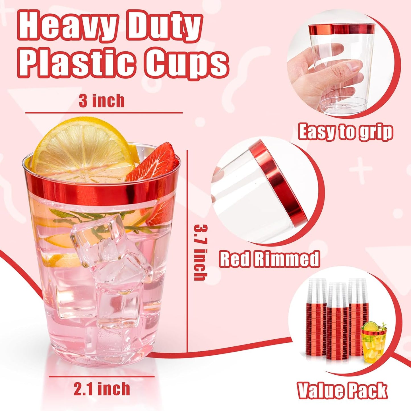 DaYammi 100 Pack Red Plastic Cups 10 Oz Clear Red Rimmed Plastic Cups for Party Fancy Disposable Cup for Wedding Disposable Glasses Clear Tumblers with Rim for Birthday Elegant Wine Cocktail Cup