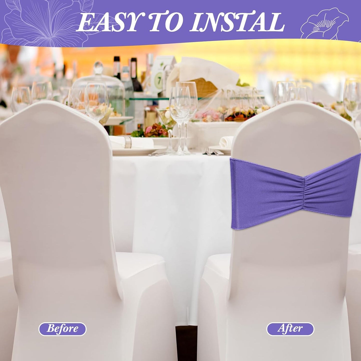 Moukeren 100 Pcs Spandex Chair Sashes Bows Bands Slider Sashes for Chair Covers Elastic Bands Ties Ribbon Decorations for Wedding Party Events Ceremony Birthday Banquet(Lavender Purple)