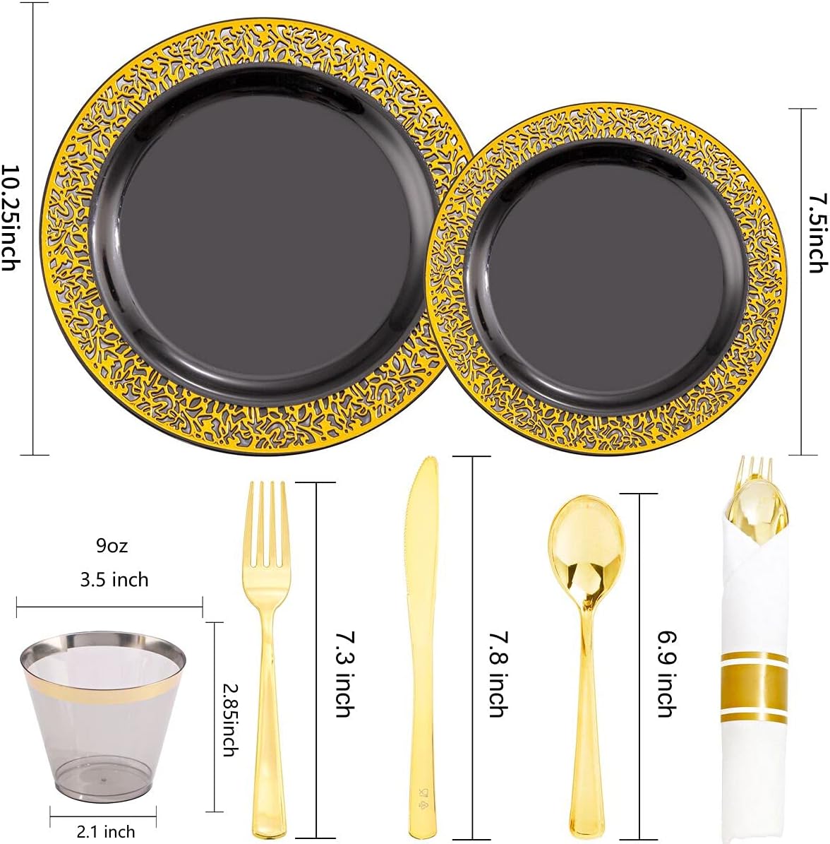 NOCCUR 210pcs Black and Gold Dinnerware Set - Black Disposable Plates and Napkins Party Supplies Include 60 Dinner/Dessert Plates, 30 Prerolled Plastic Cutlery&30 Cups for Party, Birthday, Halloween