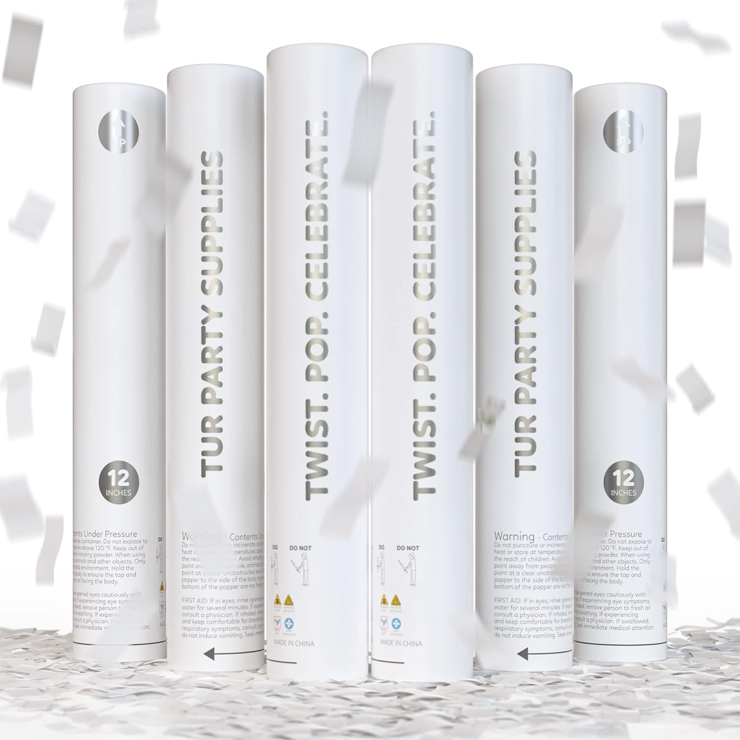 White Biodegradable Confetti Poppers Confetti Cannon | 6 Pack | Party Poppers Decoration for Wedding Exit, Graduation, Birthday | Wedding Party Favors | Launches 25 ft | 12 inch | TUR Party Supplies
