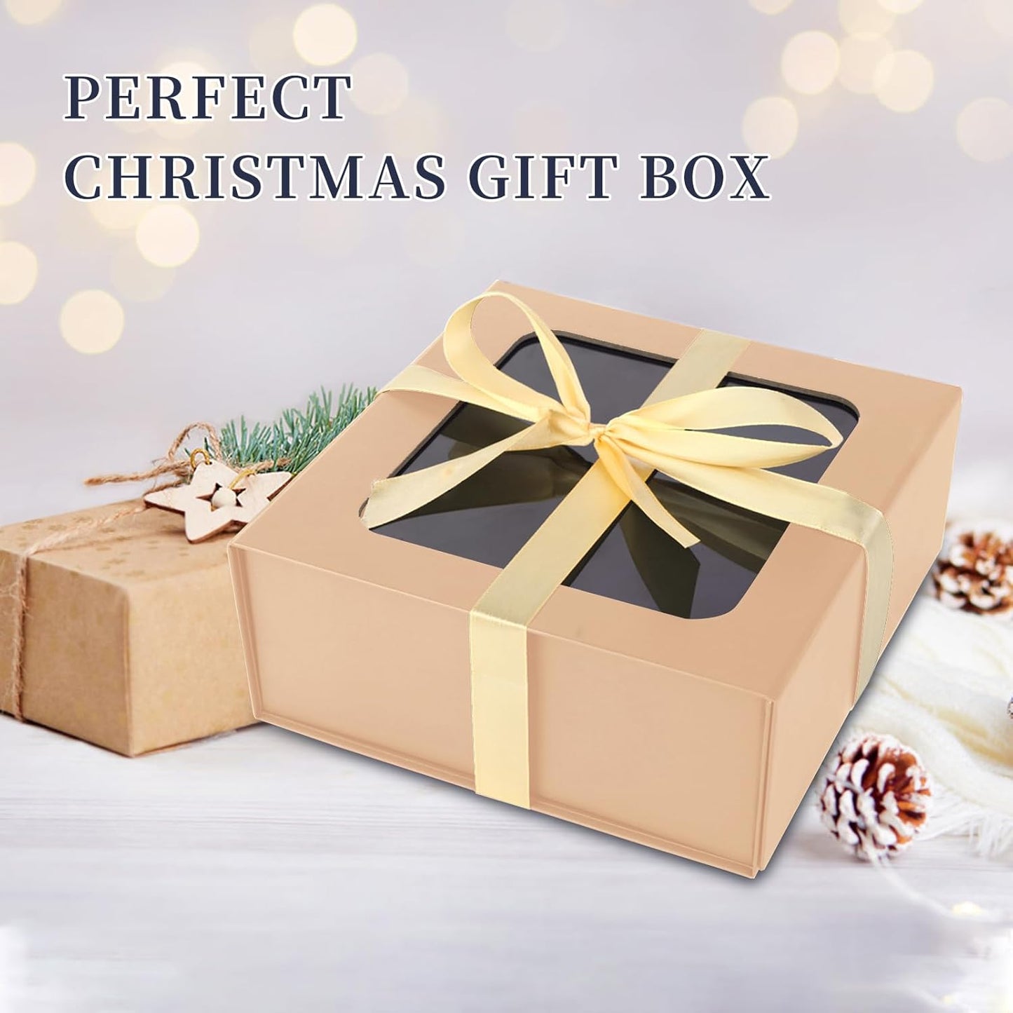 TIACABO Rose Gold Gift Box with Window,7.5"x7.5"x3.1" Bridesmaid Boxe for Gifts Giving,Birthday Gift Boxes with Magnetic,Closure Lid Gifts Boxes for Presents,Cute Box,Luxury for Gift Packaging