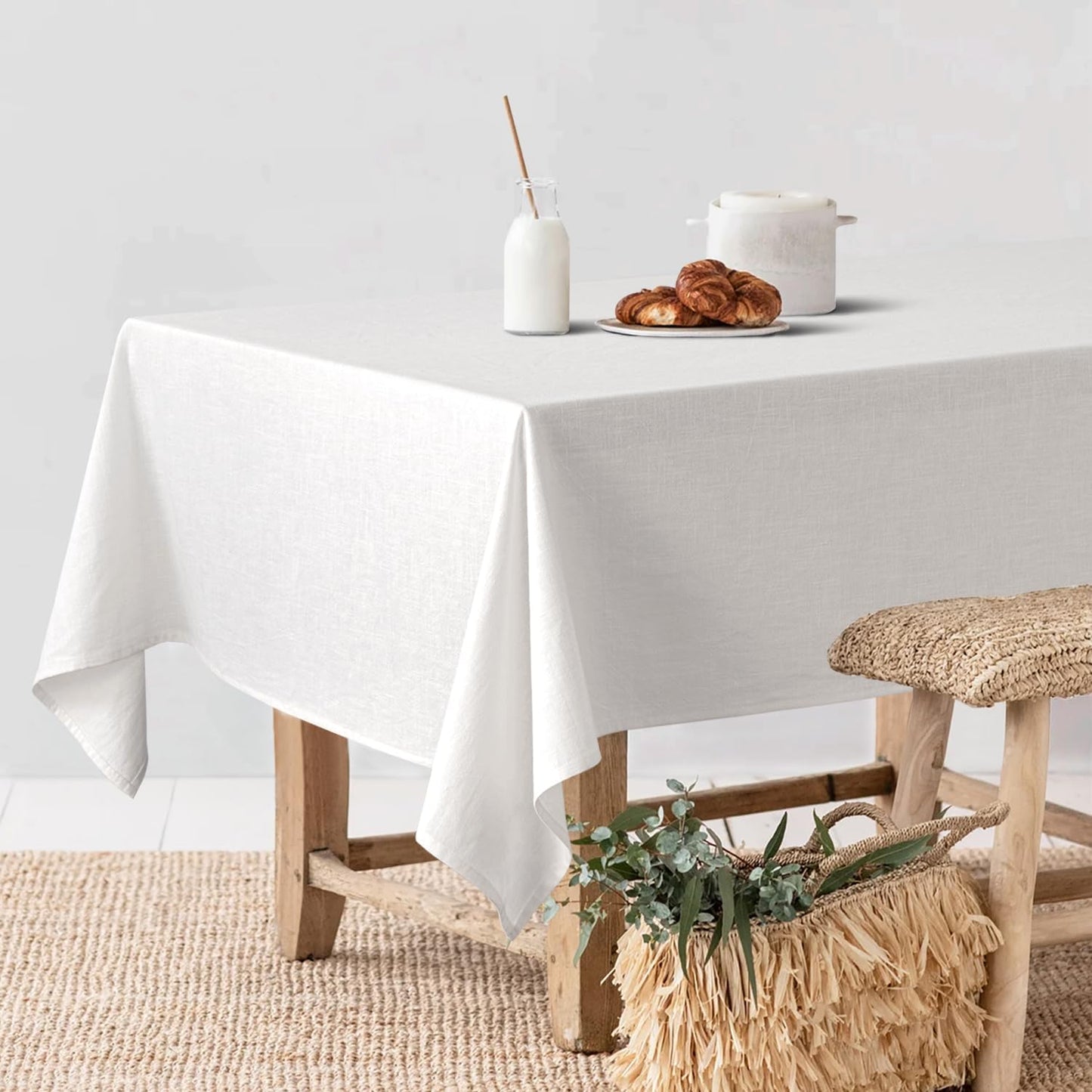 MIULEE White Linen Cotton Blend Tablecloth Rectangle, Luxury Waterproof Stain Resistant Durable Farmhouse Oblong Table Cloth for Dining Party Christmas Weddings Birthday Picnic Events, 52 x 84 inch