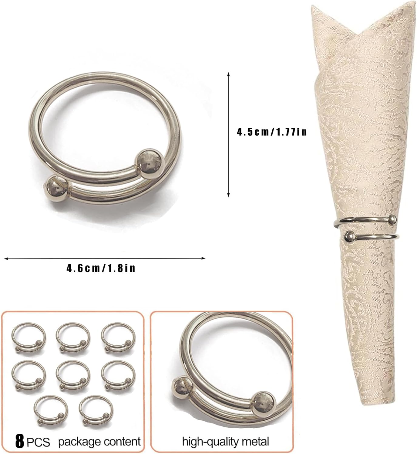 8 Pcs Silver Napkin Rings - Round Napkin Ring,Stainless Steel Napkin Rings,Metal Napkin Ring for Table Settings Wedding Christmas Party Dinner Table(Spring Type)