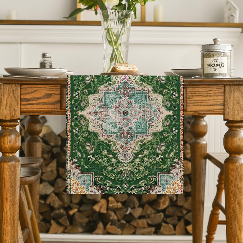 Artoid Mode Boho Bohemia Style Green Table Runner, Country Rustic Farmhouse Magical Christmas Kitchen Dining Table Decoration for Home Party Decor 13x72 Inch