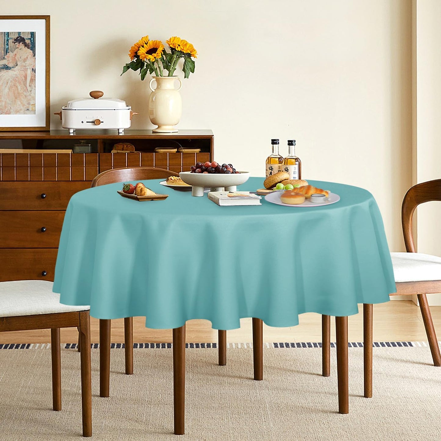 sancua Round Tablecloth - 60 Inch - Water Resistant Spill Proof Washable Polyester Table Cloth Decorative Fabric Table Cover for Dining Tables, Buffet Parties and Camping, Turquoise