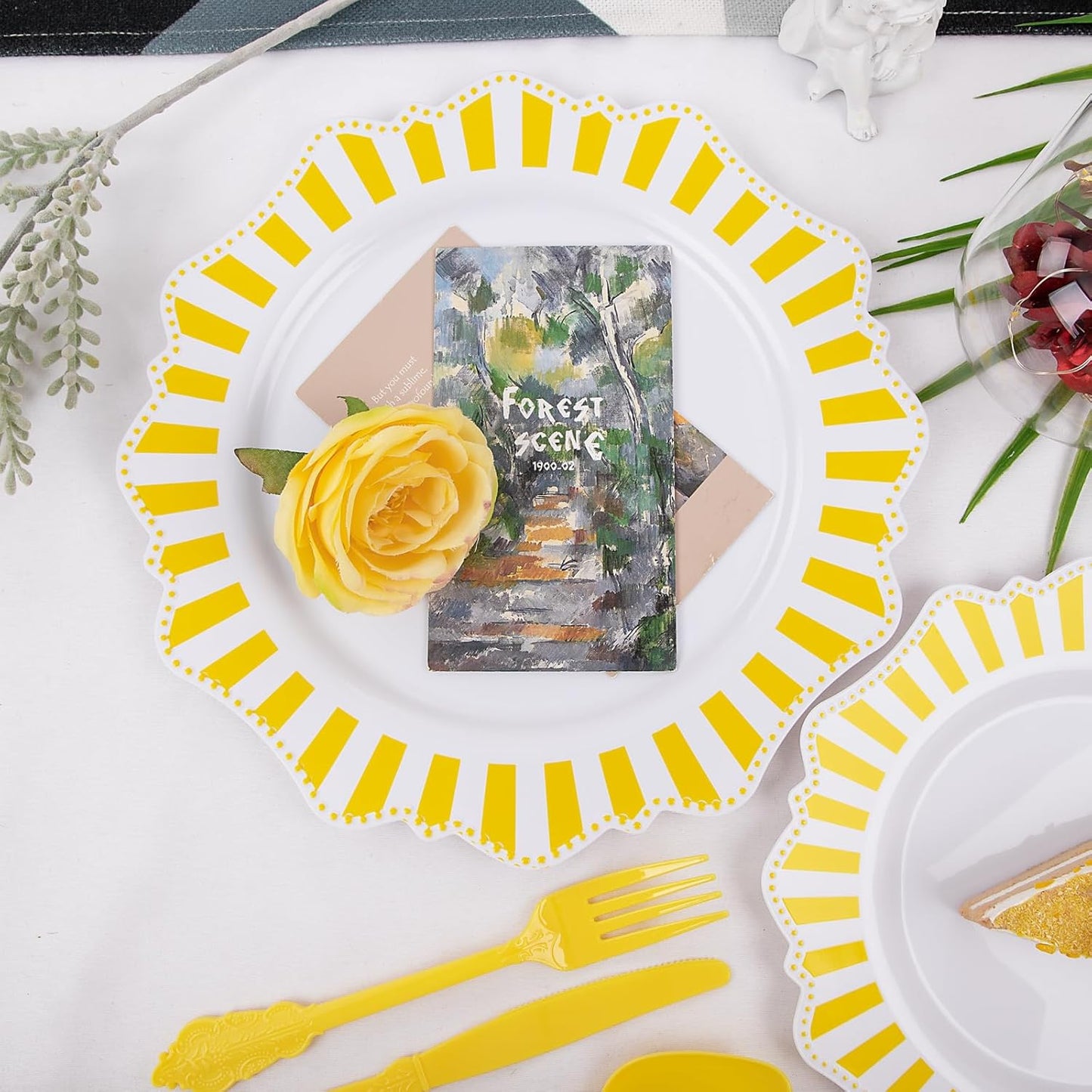 COLOSUS 150pcs Disposable White Lemon Yellow Striped Plastic Party Plates and Silverware set, Yellow Dinner/Dessert Plates silverware 30guests for Easter Birthday Weeding Party and Daily use.