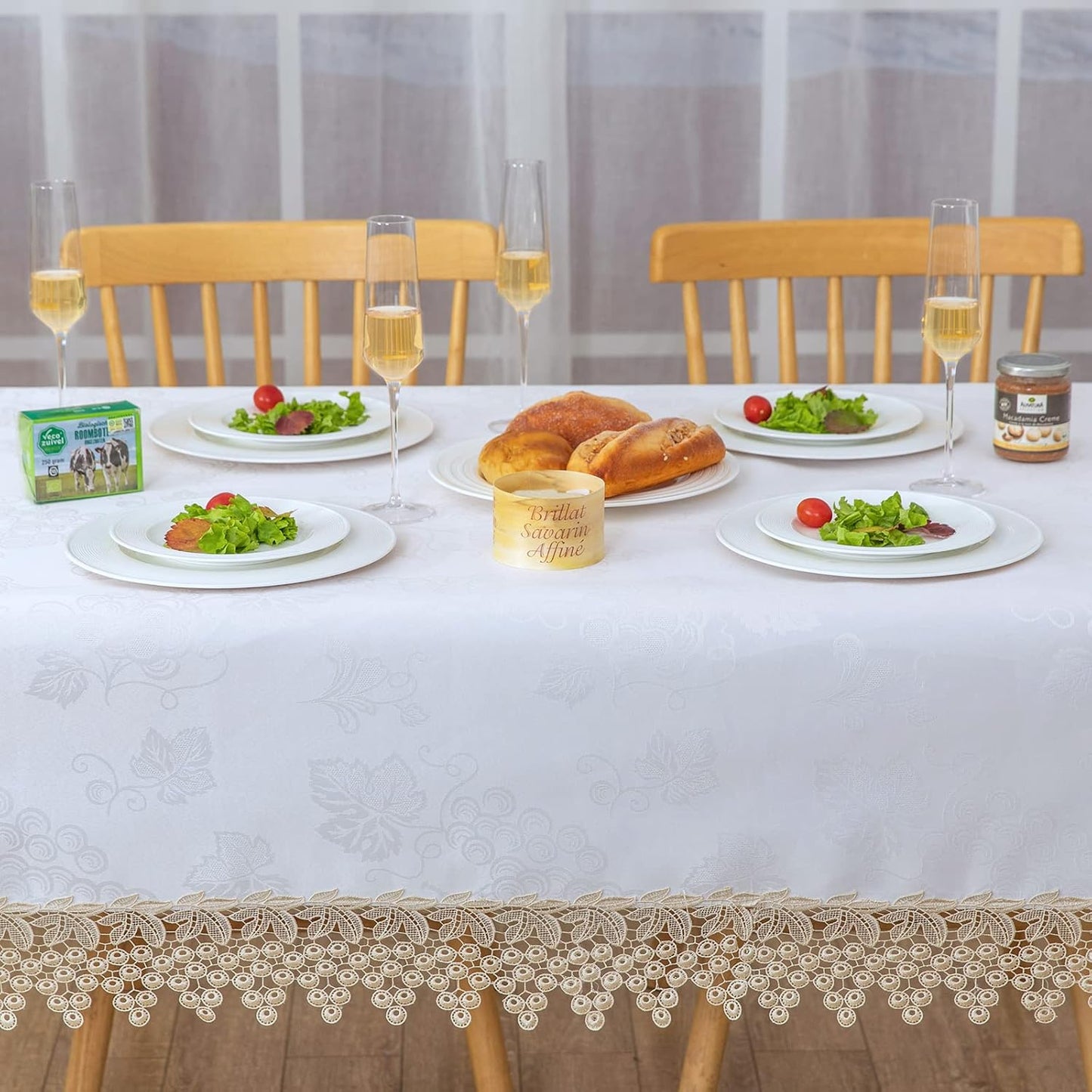 Beige lace Premium Rectangle Farmhouse Tablecloth Waterproof OilProof SpillProof AntiShrink Soft Wrinkle Resistant Decorative Fabric Table Cover Kitchen Dinning Party Wedding Banquet