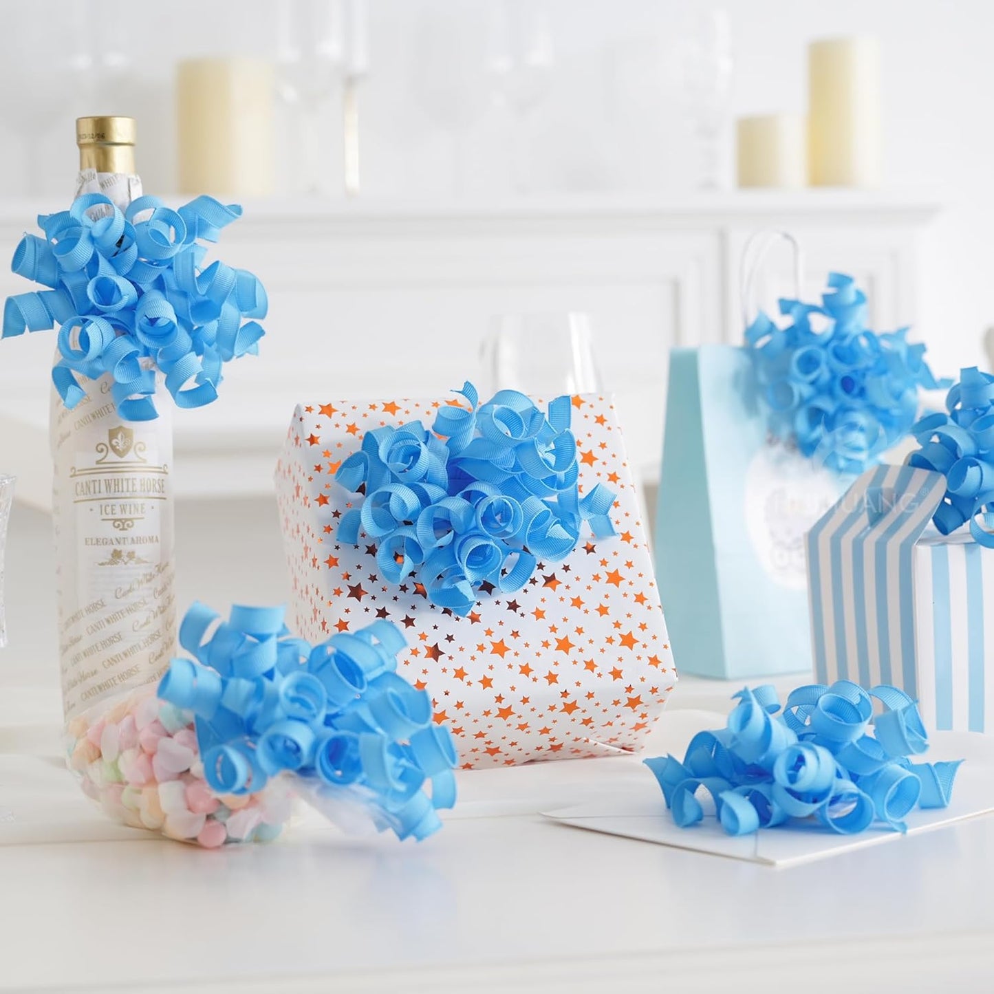 HUIHUANG Baby Blue Bows for Gift Wrapping, Blue Curly Ribbon Bows Self Adhesive Burst Gift Bows for Presents, Wine Bottle, Treat Bags, Wrap Accessories, Baby Shower, Wedding Party Favor - 6 Counts