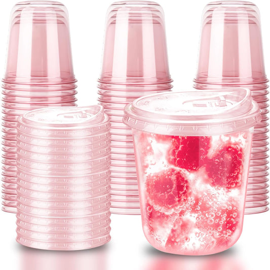 12oz Disposable Stemless Glasses With Strawless Sip Lids,PET Disposable Drinking Cups,Clear Plastic Wine Glasses for Parties Birthday,Wedding,Meeting,Christmas Party Supplies. (50, Pink)