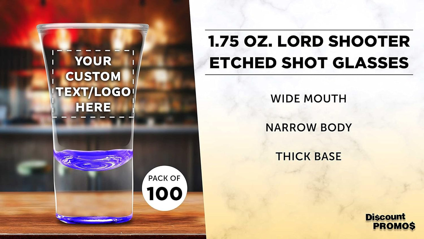 Custom 2 oz. Lord Shooter Etched Shot Glasses, 100 pack, Personalized Text, Logo, 21st Birthday Party, Lounge Glassware, Purple