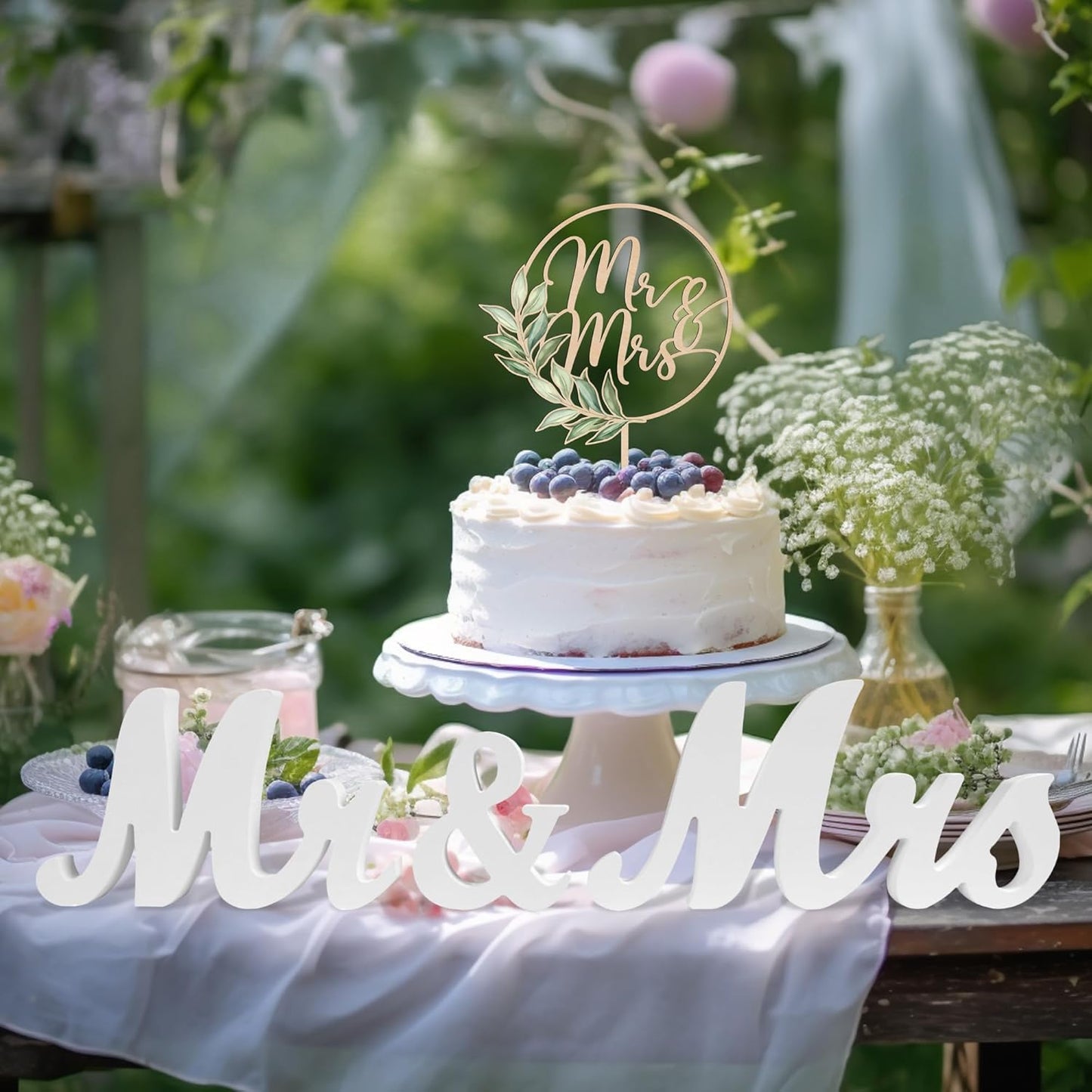 Mr & Mrs Cake Topper & Just Married Banner & Mr Mrs Table Sign Green Wedding Decorations in Wood