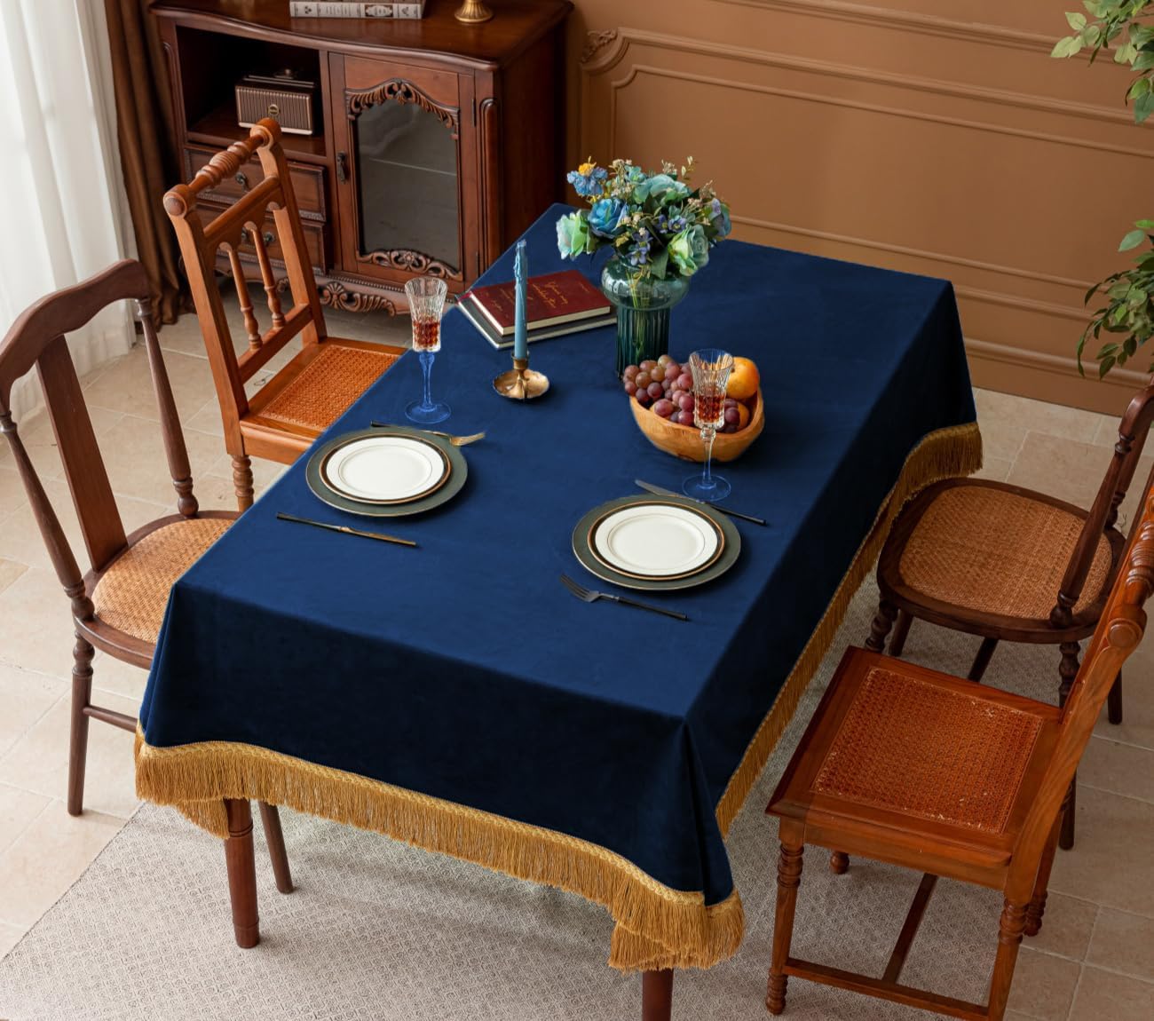 F-CHU Blue Tablecloth Thickset Velvet Tablecloth with Beautiful Gold Tassels Vintage Table Cloth for Home Decor Wedding, Party, Banquet and Events 67x120-Inch
