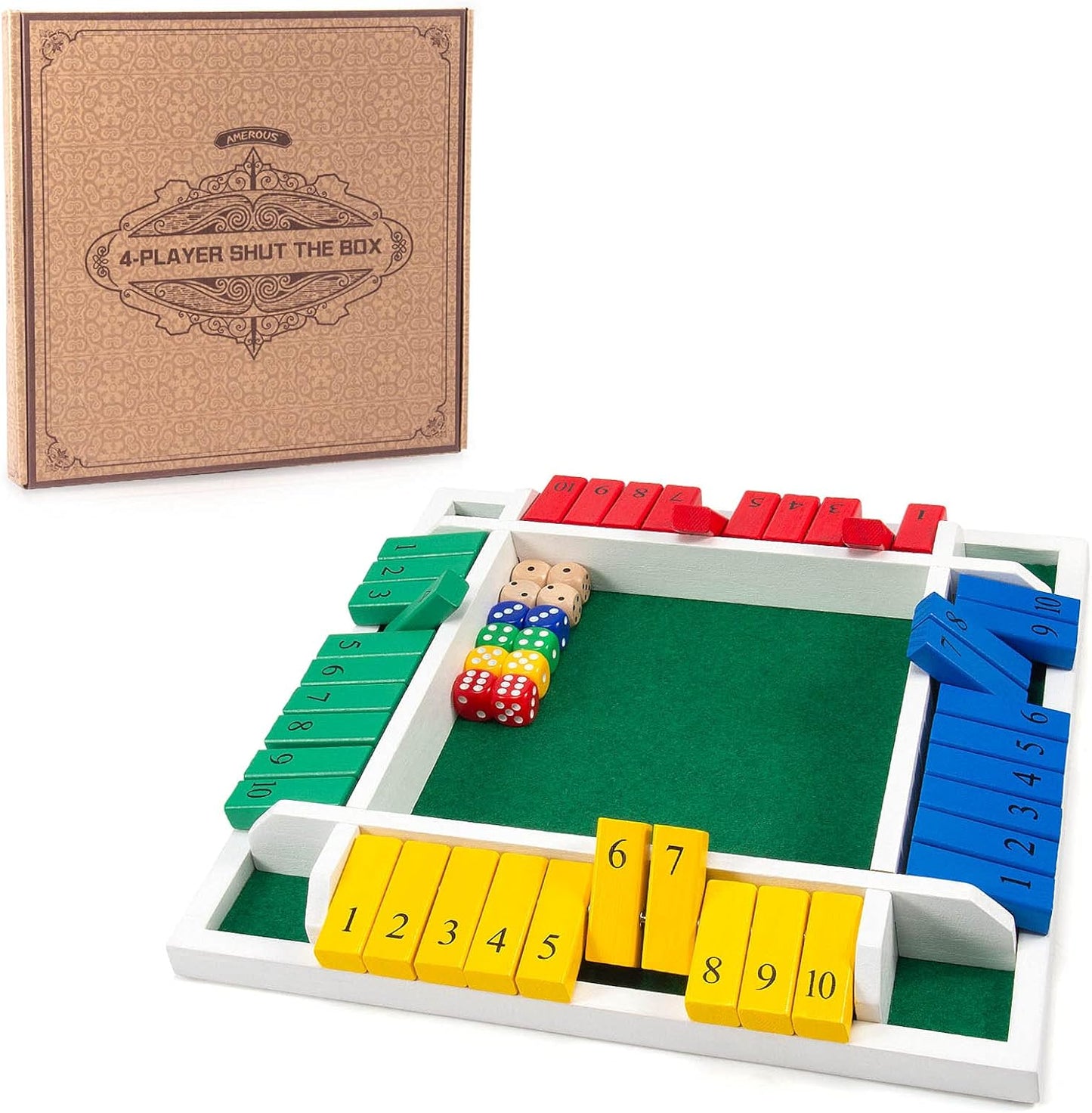 AMEROUS Shut The Box Dice Game-12 inches-Colorful Design-1-4 Players-12 Dice-Gift Package, Classic 4 Sided Wooden Board Game for Adults Kids, Classics Board Game