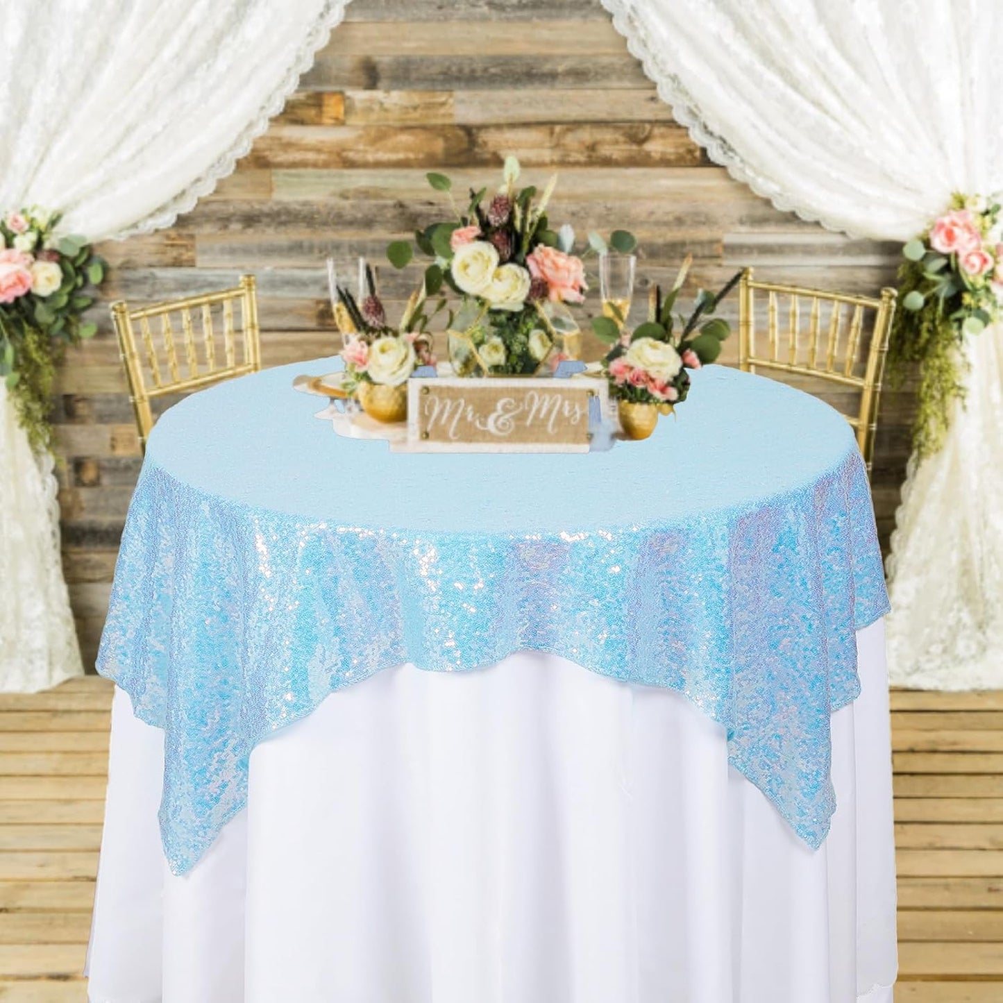 ShinyBeauty Iridescent Aqua Sequin Tablecloth Square Overlay Aqua Blue Tablecloth Cover Glitter Table Cloth Small Tablecloth for Birthday Baby Shower Decor (36”X36”)