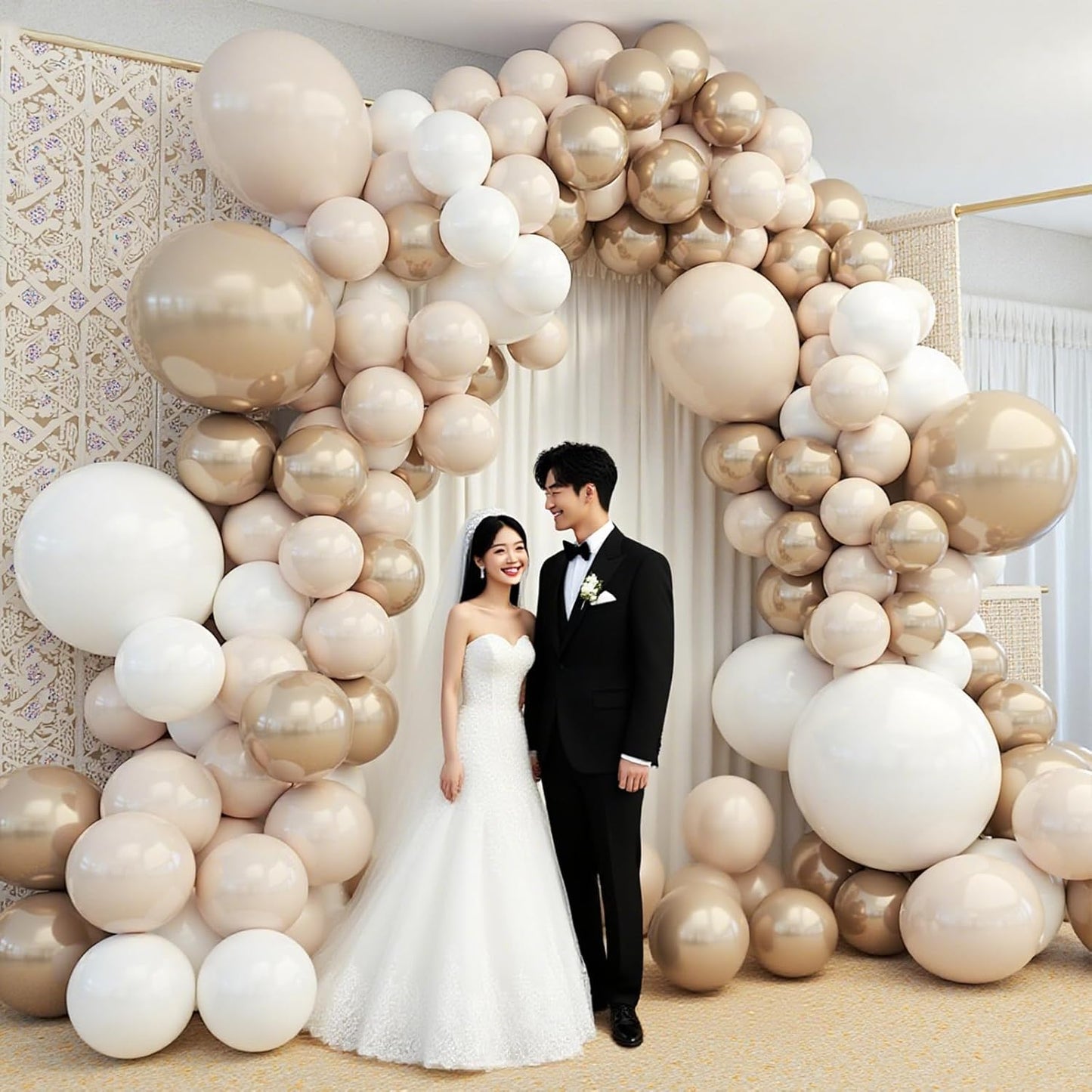 412Pcs White Sand Champagne Gold Balloon Arch Kit, Metallic Champagne Gold Neutral Balloons Garland for Boho Wedding Baby Shower Bridal Shower Engagement Anniversary Decorations