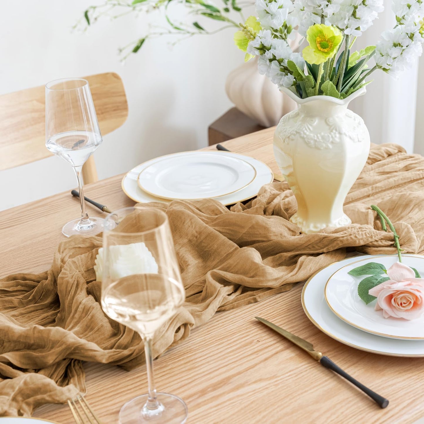 Asee'm 12pcs Cheesecloth Table Runner 120 Inches Long Khaki Boho Gauze Cheese Cloth Runner 10FT Rustic Sheer Table Runners for Christmas Wedding Party Baby Shower Spring Easter Decoration