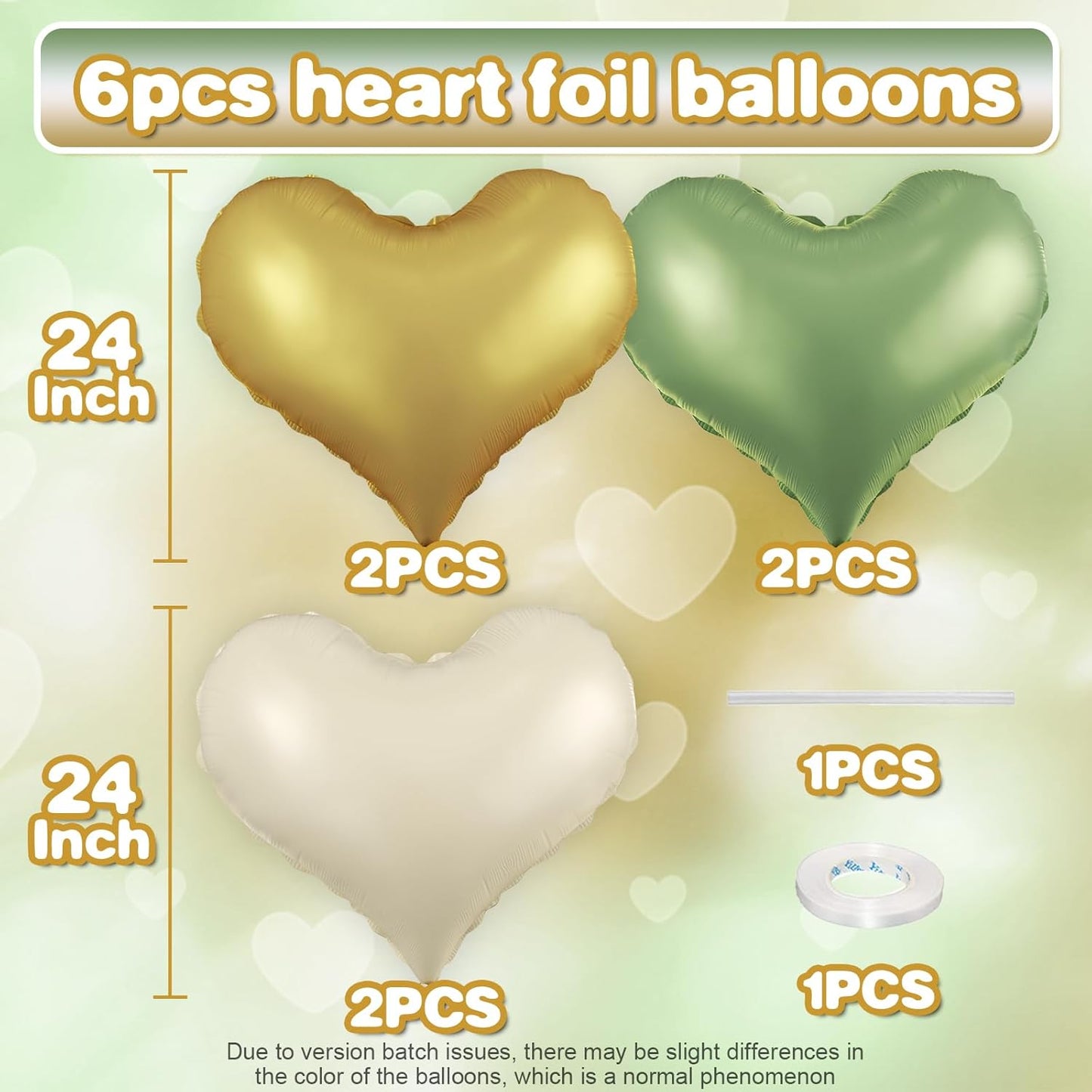 Green Gold White Heart Balloons,24Inch Large Heart Foil Balloons for Valentine's Day Birthday Wedding Baby Shower Anniversary Party Decorations