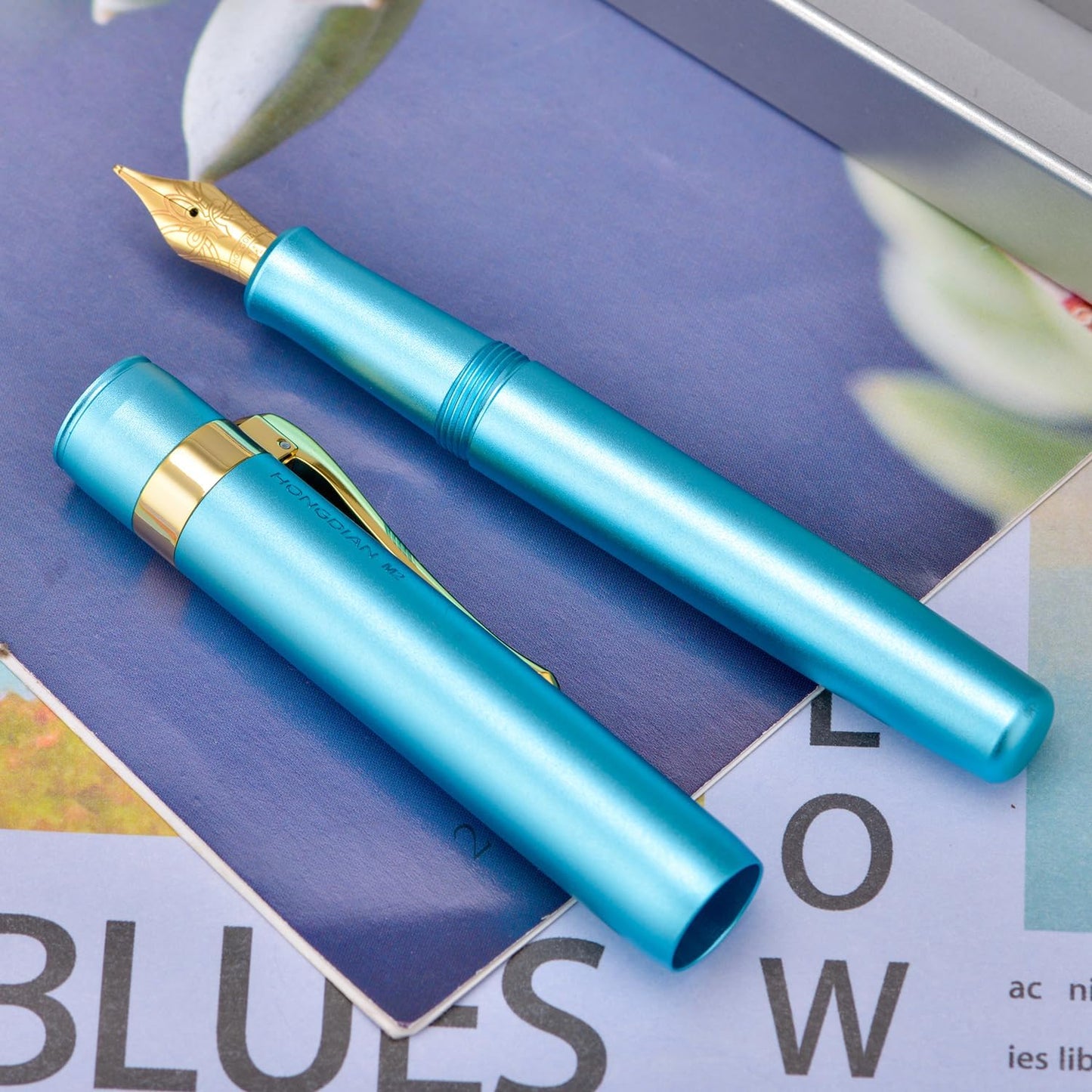 HONG DIAN M2 Black Forest Mini Fountain Pen, Extra Fine Soft Nib & Sleek Shape Aluminium Short Pocket Travel Pen (Lake Blue)