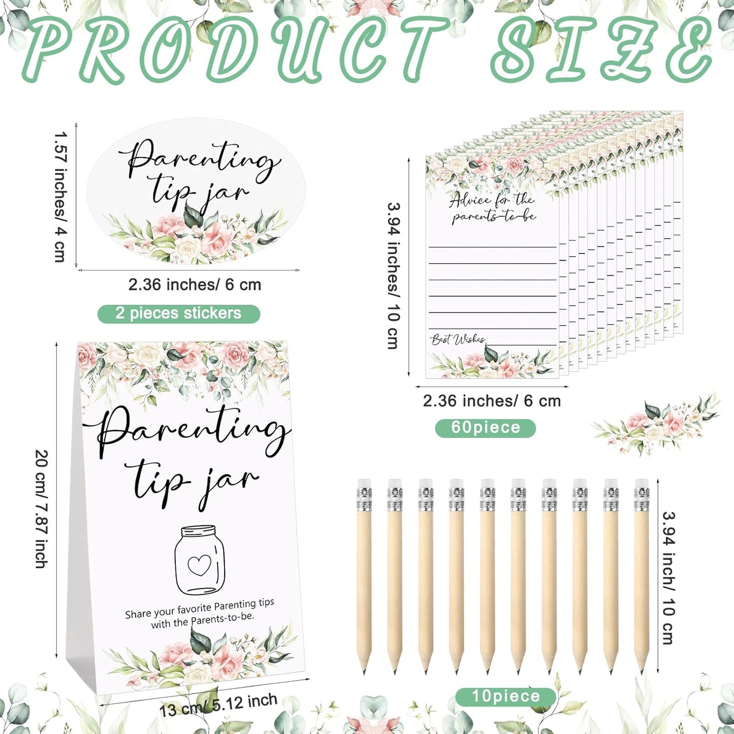 Roowest Baby Shower to Baby Advice Cards for New Parents to Be - Tip Jar Sign for New Parents 60 Parenting Advice Cards 10 HB Pencils 2 Cute Stickers 1 Pet Bottle for Guests Games(Flower)