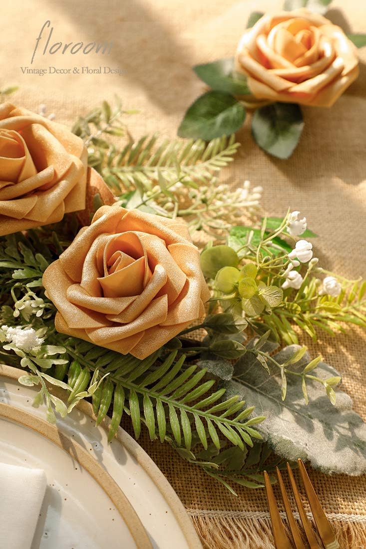 Floroom Artificial Flowers 50pcs Real Looking Gold Foam Fake Roses with Stems for DIY Wedding Bouquets Bridal Shower Centerpieces Floral Arrangements Party Tables Home Decorations