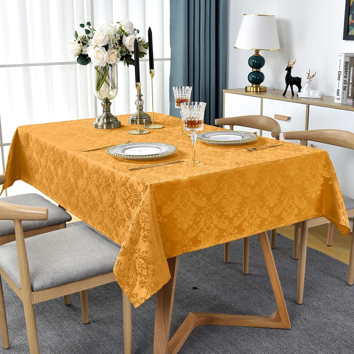 SASTYBALE Fall Jacquard Tablecloth Square 52 x 52 Inch, Spill Proof Washable Autumn Damask Table Cloth, Polyester Fabric Table Cover for Thanksgiving, Harvest, Holiday, Amber